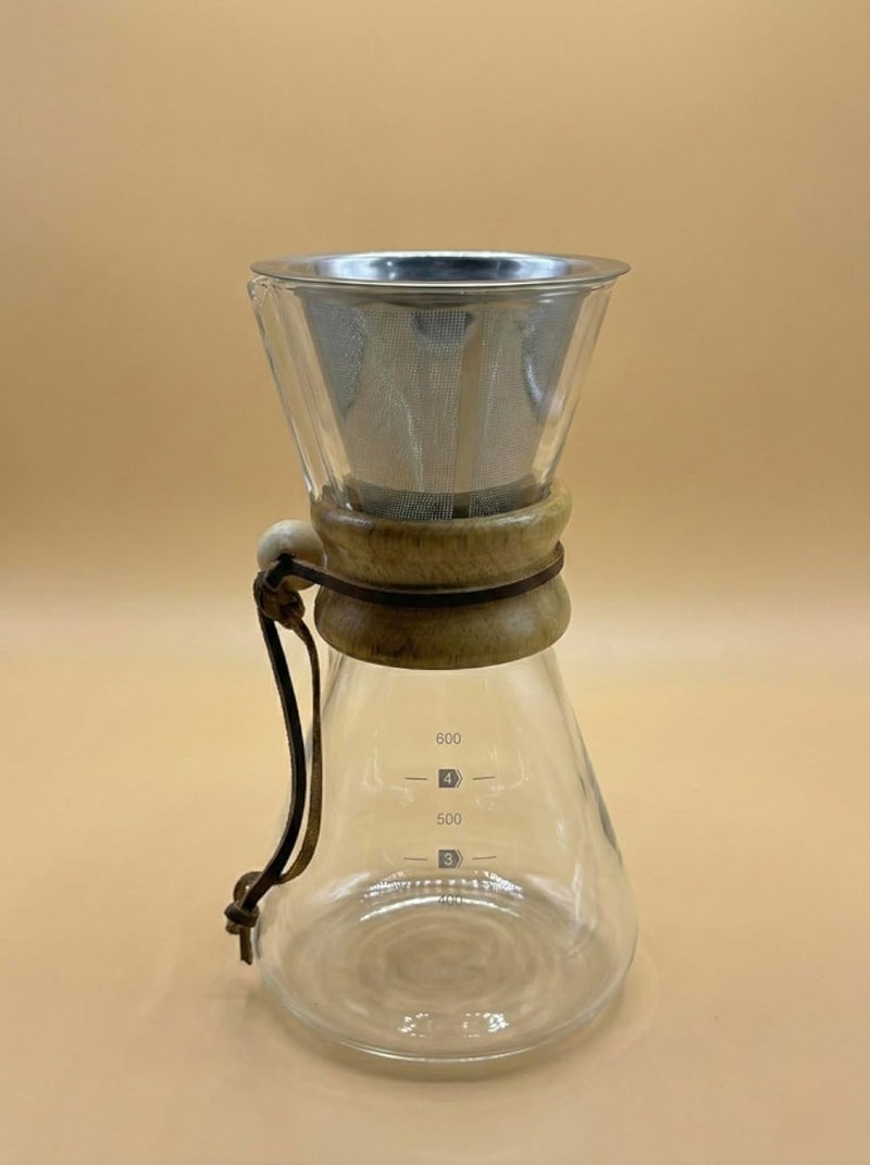 Chem Pour Over Coffee Maker with Stainless Steel Reusable Filter, 600ml Glass Carafe with Wooden Collar